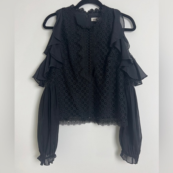 AMUR Pandora Black Lace Chiffon Cutout Shoulder Whimsygoth Victorian Blouse Sz M - Picture 3 of 14
